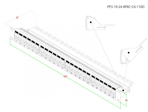 PP3-19-24-8P8C-C6-110D Патч-панель 19", 1U, 24 порта RJ-45, категория 6, Dual IDC, ROHS, цвет черный (задний кабельный организатор в комплекте)