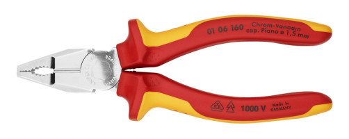Comb pliers. VDE for heavy. loads, res: failure. solid. Ø 2 mm, royal. string Ø 1.5 mm, cable Ø 10 mm (16 mm2), L-160 mm, chrome, 2-k handles