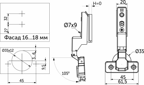 Петля внутренняя с доводчиком 45мм h0 clip-on AKS PLUS 3D узкая черная (саморезы, заглушки)