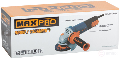 MAX-PRO angle grinder 950 W; 11000 rpm; quick-release casing 125 mm; anti-vibration handle; additional brushes; 2.1 kg; box.