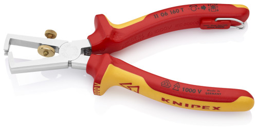 Стриппер VDE для одно/много/тонкожил. кабеля, зачистка: Ø 5 мм (10 мм², AWG 7), пружина, L-160 мм, c регулировкой, хром, 2-к ручки, страх. крепл.