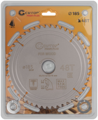 Диск пильный по дереву с тефлоновым покрытием 48Т, CUTOP Profi plus, 185 х 1,3/2,0 х 30/25,4/20/16 мм