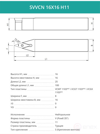 SVVCN 16X16 H11 резец токарный проходной нейтральный 16x16 мм / пластина 11 мм, VCMT 1103**