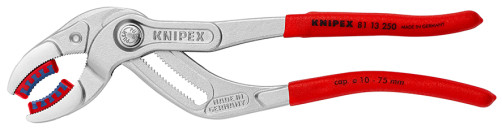 Adjustable pipe gripping pliers, Ø 10-75 mm, for siphons, oil filters, plast. pipes, L-250 mm, plast. nozzles on sponges, chrome