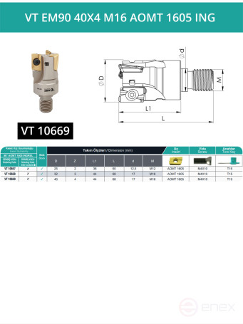 VT EM90 40X4 M16 AOMT 1605 ING Milling Replacement Head 40 mm with M16 Thread / without coolant