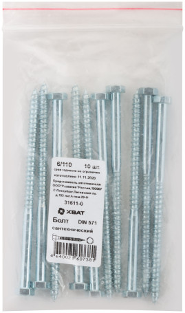 Sanitary bolt DIN 571 6/110 (packing 10 pcs)