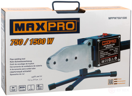 MAX-PRO Аппарат сварочный для пластиковых труб 750/1500 Вт; 50-300℃; 6 насадок; 5,8 кг; диаметры труб 20/25/32/40/50/63мм; металлический кейс