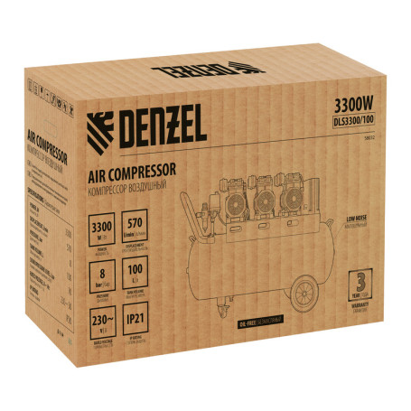 Oil-free compressor, low noise DLS 3300/100, 3300 W,3x1100, 100 l, 570 l/min ,control unit// Denzel