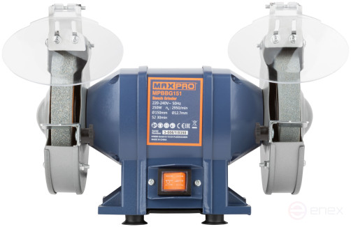 MAX-PRO Станок точильный 250 Вт; 2950/2950 об/мин; 1: 150/20/12,7 мм; 2: 150/20/12,7 мм; 6,55 кг; индукционный мотор; кор.