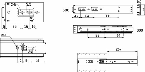 Направляющая шариковая L-600 h=45 AKS PLUS PUSH TO OPEN