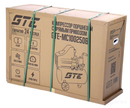 Компрессор пневматический 220В 2.2кВт 8атм. 250л/мин. ресивер-100л поршн. с прям. привод. V-обр. GTE