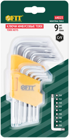 Ключи "звездочки", CrV сталь, 9 шт., Т10-Т50, с отверстием, в пластиковом держателе