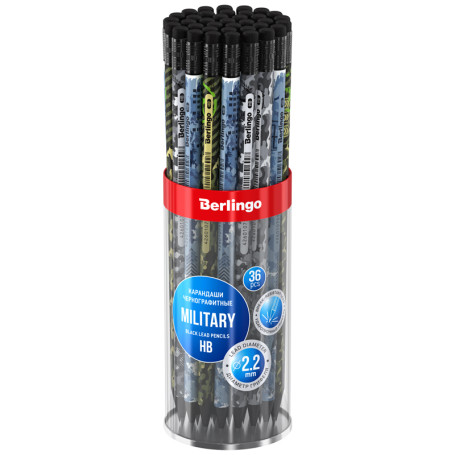 Pencil b/g Berlingo "Military" HB, round, with eraser, ebony, sharpened