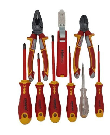Felo Set of Ergonic dielectric screwdrivers with dielectric inserts, side cutters, a knife for removing insulation and a screwdriver with a network tester, 9 pcs 41399504