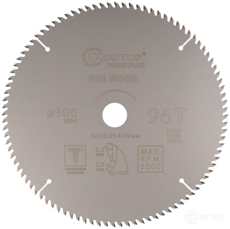 Диск пильный по дереву с тефлоновым покрытием 96Т, CUTOP Profi plus, 300 х 2,0/3,0 х 32/30/25,4/20 мм
