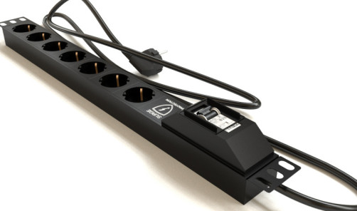 SHE19-7SH-BF-2.5EU Socket block for 19" cabinets, horizontal, 7 Schuko sockets, automatic. switch, overvoltage protection, 2.5m (3x1.5mm2) power cable with Schuko 16A plug, 250V, 482.6x44.4x44.4mm (LxWxH), steel housing, black