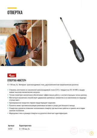 Отвертка "Мастер", CrV сталь, прорезиненная ручка 6х100 мм SL