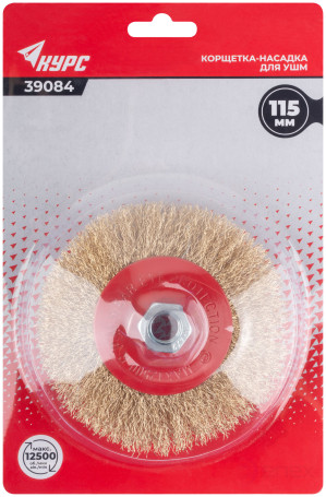 Корщетка-колесо с наклоном, гайка М14, стальная латунированная волнистая проволока 115 мм, блистер