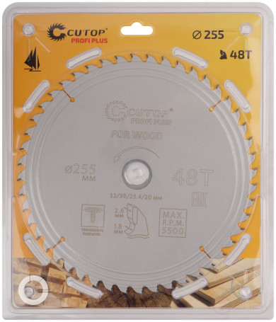 Диск пильный по дереву с тефлоновым покрытием 48Т, CUTOP Profi plus, 255 х 1,8/2,6 х 32/30/25,4/20 мм