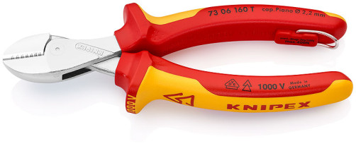 KNIPEX X-Cut® VDE side cutters, cut: provol. soft. Ø 4.8 mm, cf. Ø 3.8 mm, TV. Ø 2.7 mm, royal. string Ø 2.2 mm, L-160 mm, chrome, 2-K handles, fear. he was getting stronger.