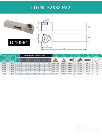 TTGNL 32X32 P22 left-hand turning tool 32x32 mm / 22 mm plate, TNMG 2204**