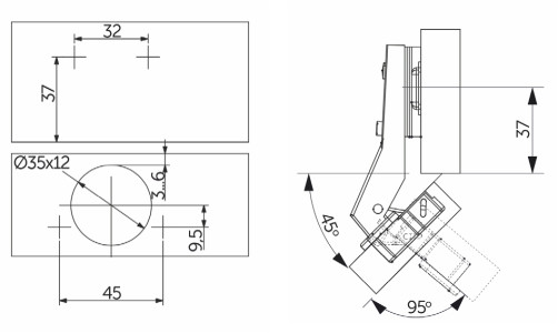 45° angle hinge with 45mm spring h2 slide-on AKS