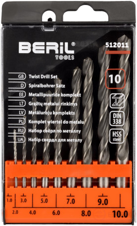 A set of drills for metal 1.0-10mm (10 pcs.pl/case) BERIL