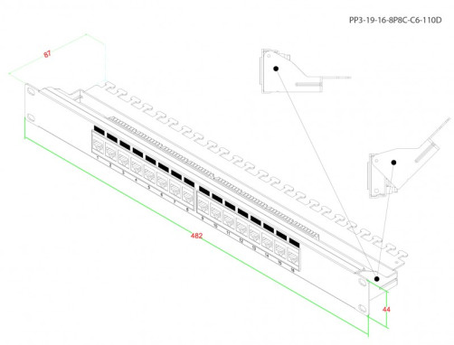 PP3-19-16- 8P8C-C6-110D Patch Panel 19", 1U, 16 RJ-45 ports, Category 6, Dual IDC, ROHS, Color Black (Rear cable organizer included)