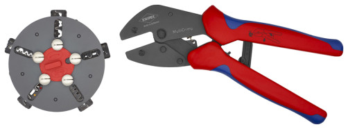 KNIPEX MultiCrimp® press pliers with a magazine for changing dies, 5 replaceable dies, L-250 mm, 2-k handles