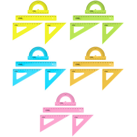 Drawing stamp set, size S (ruler 16cm, 2 triangles, protractor), transparent, neon colors, assorted, European weight