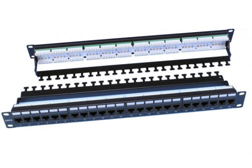 PP3-19-24-8P8C-C6-110D Патч-панель 19", 1U, 24 порта RJ-45, категория 6, Dual IDC, ROHS, цвет черный (задний кабельный организатор в комплекте)