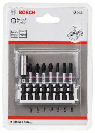 Set of 8 bits for Impact Control screwdriver, 2 pcs PH2, 2 pcs PZ2, 1 pc T20, 1 pc T25, 1 pc T30