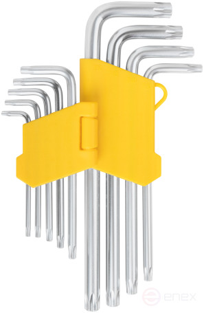 Ключи "звездочки", CrV сталь, 9 шт., Т10-Т50, с отверстием, длинные, в пластиковом держателе