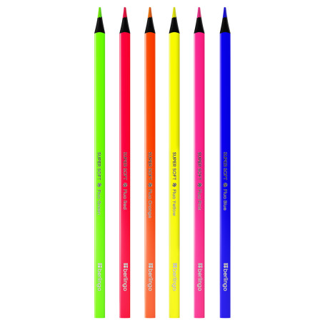 Berlingo "SuperSoft" colored fluorescent pencils. Fluo", 06 color, triangular, sharpened, European