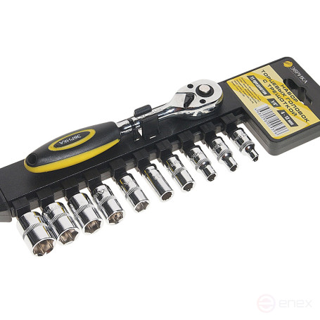 Набор торцевых головок с трещоткой ER-96070 1/4" DR 4-13мм 11 предметов, 72 зуб. (на держателе) ЭВРИКА /1/5/30