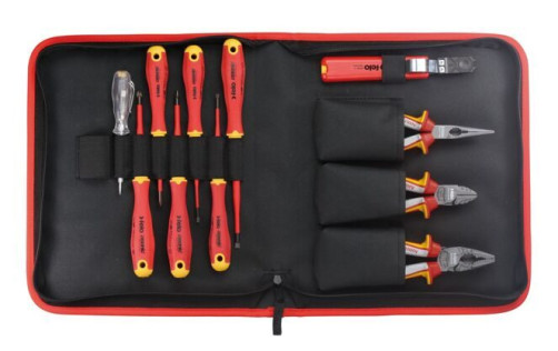 Felo Set of dielectric screwdrivers SL/PH/PZ E-Slim ERGONIC, side cutters, pliers, long pliers, stripper and screwdriver network voltage tester in the bag 41381104