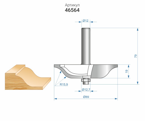 Horizontal figureline milling cutter F89X19 mm, shank 12 mm, art. 46564