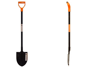 A pointed digging shovel with a metal handle and a plastic handle