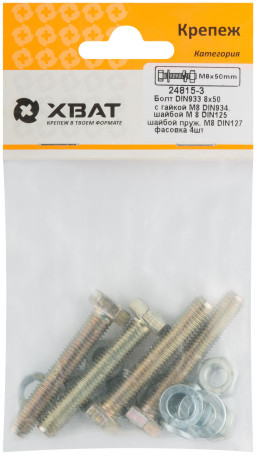 Set of bolt DIN933 8x50, with nut M8 DIN934, washer M8 DIN125, washer spring. M8 DIN127 (packing of 4 pcs.)