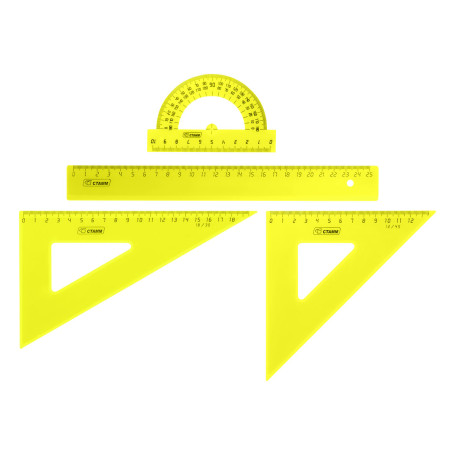 Drawing stamp set, size L (ruler 25cm, 2 triangles, protractor), transparent, neon colors, assorted, European weight