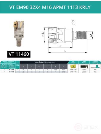 VT EM90 32X4 M16 APMT 11T3 KRLY Milling Replacement Head 32mm with thread M16/ with COOLANT