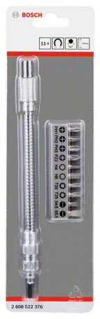 11 flexible metal extension SDB Flexible metal hose, 200 mm, a set of screwdriver bits, PH1, PH2, PH3, PZ2, Hex4, Hex5, T20, T25, SL 0,6 x 4,5; SL 0.8 x 5.5 in