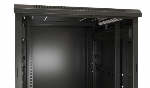 TTB-2261-AS-RAL9004 Шкаф напольный 19-дюймовый, 22U, 1166x600х1000 мм (ВхШхГ), передняя стеклянная дверь со стальными перфорированными боковинами, задняя дверь сплошная, ручка с замком, крыша нового типа, цвет черный (RAL 9004) (разобранный)