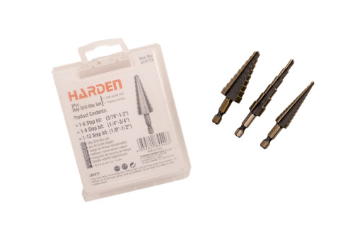Set of step drills for metal HSS 3 pieces 3/16-1/2 inch, 1/4-3/4 inch, 1/8-1/2 inch // HARDEN