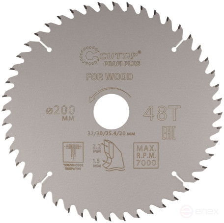 Диск пильный по дереву с тефлоновым покрытием 48Т, CUTOP Profi plus, 200 х 1,5/2,2 х 32/30/25,4/20 мм