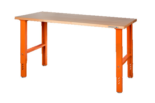 Heavy duty workbench, wooden table top, height adjustable, 4 legs, orange, 1500 x 750 x 1030 mm