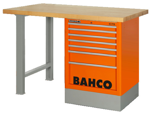 Heavy-duty workbench, wooden table top with 2 legs and 6 orange drawers 1500 mm x 750 mm x 1030 mm