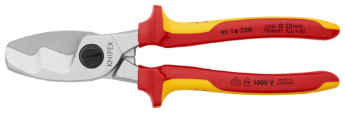 VDE cable cutter with double cutting edges, cut: cable Ø 20 mm (70 mm2, AWG 2/0), L-200 mm, dielectric, chrome, 2-k handles