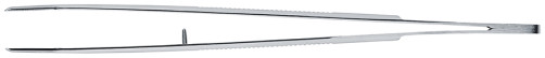 The tweezers are gripping precision. with guide pin, thin serrated jaws at 45°,L-155 mm, spring steel, chrome