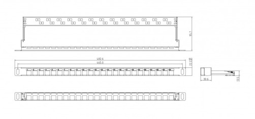 PPBLHD-19-24S-SH-RM Modular patch Panel 19", 24 ports, Flat Type, 0.5U, for shielded and unshielded Keystone Jack modules (except KJ1-C2, KJ2-C5e, KJ2-C6), with rear cable organizer (without modules)